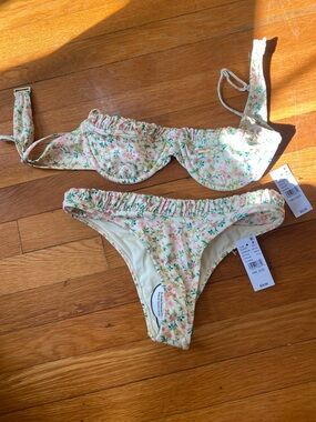 PacSun Cream Floral Ruffle Underwire Bikini Set - Pink & Green